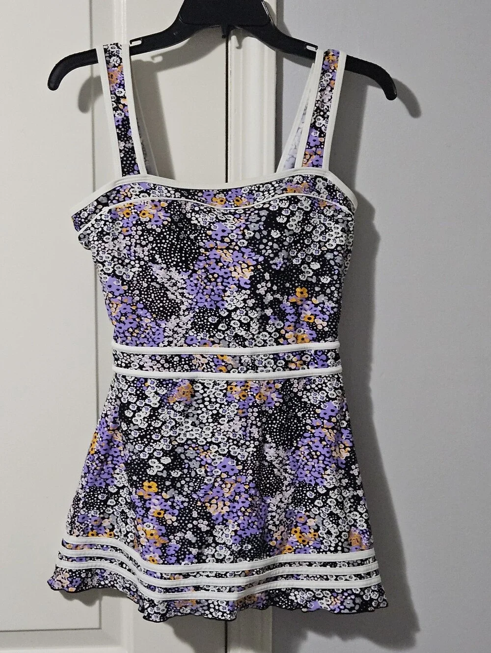 Floral Fit & Flare One-Piece Swimsuit in Black, Lavender & Yellow